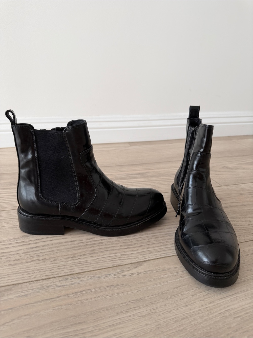 Jeffrey Campbell Black Croc-Embossed Chelsea Booties